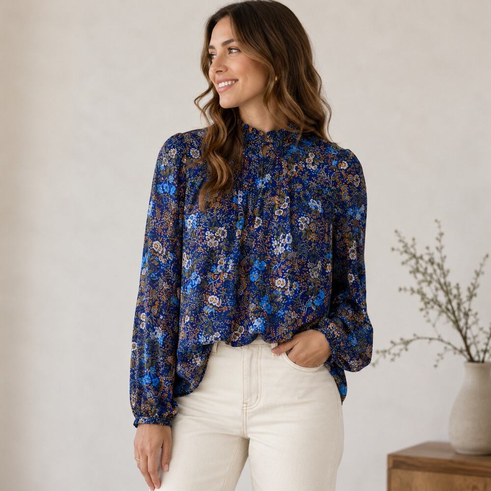 J McLaughlin Viola Silk Blouse Womens S Blue Floral Ruffle Neck Long Sleeve